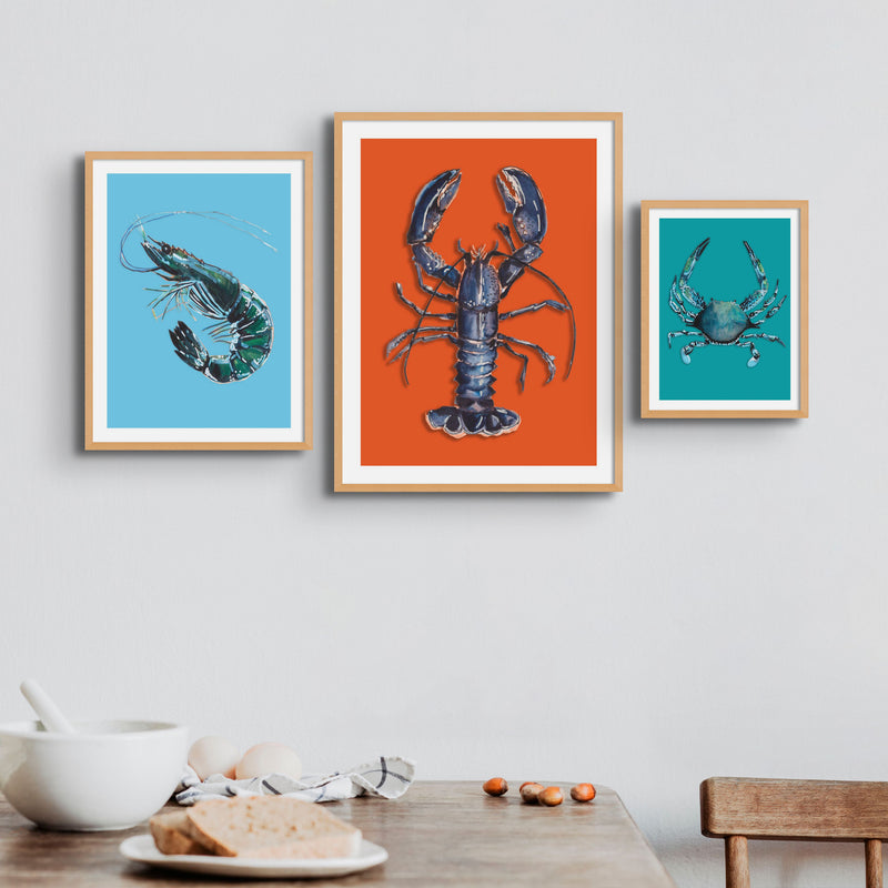 Prawn Art Print | Shellfish Kitchen Wall Art | Azure Blue – Beach House Art