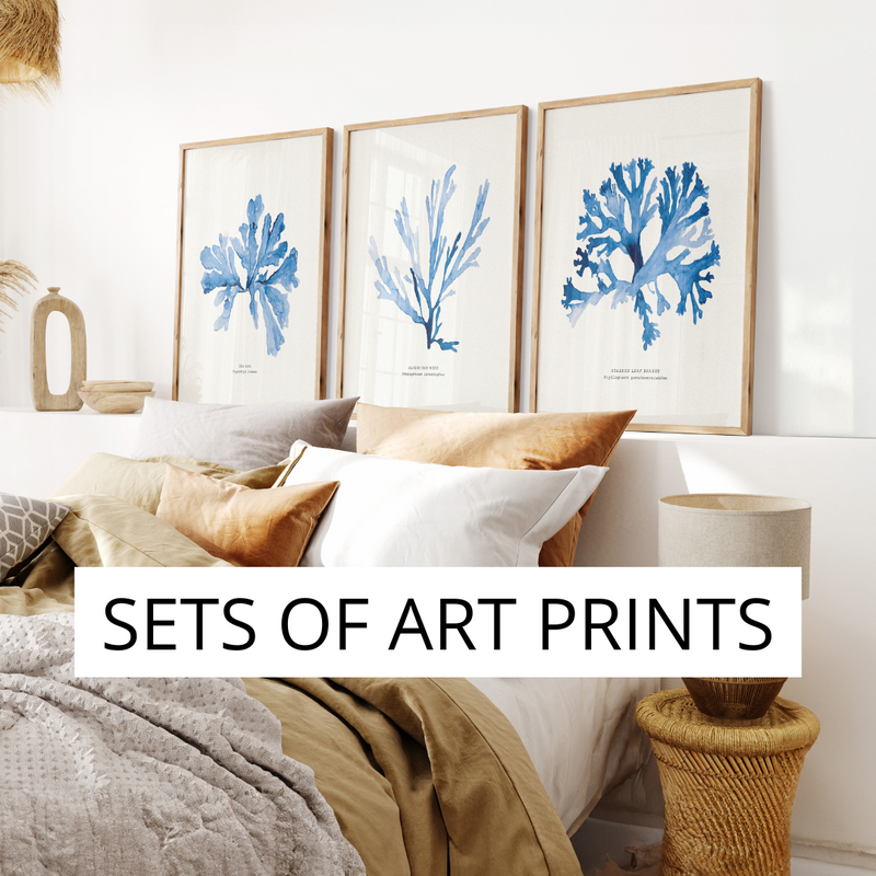 set of three art prints above bed. Art print bundle sets and gallery walls collection