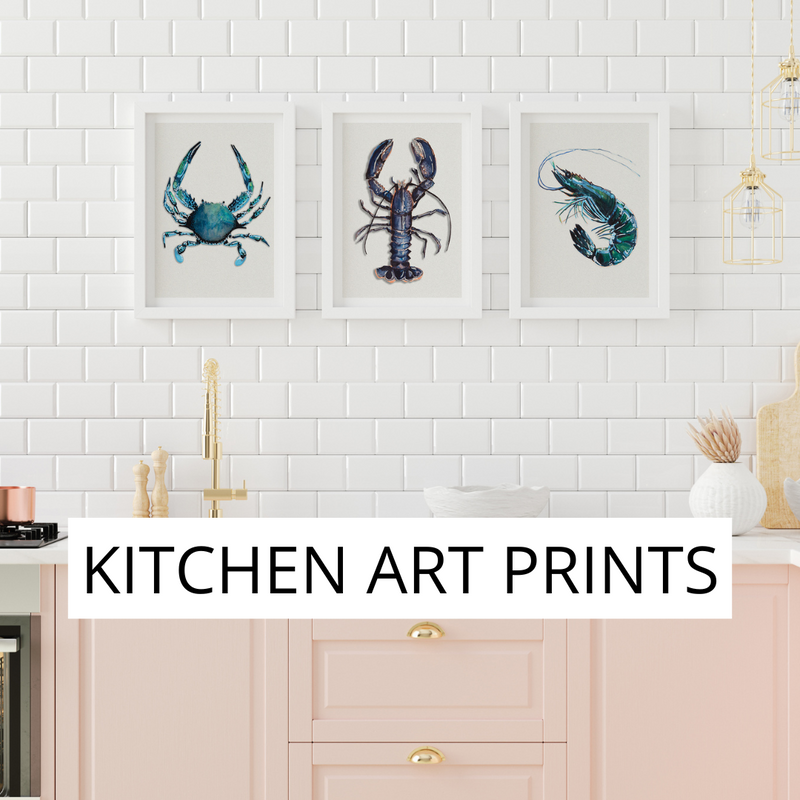 Kitchen wall art featuring original lobster painting and crab and prawn prints in kitchen from Beach House Art