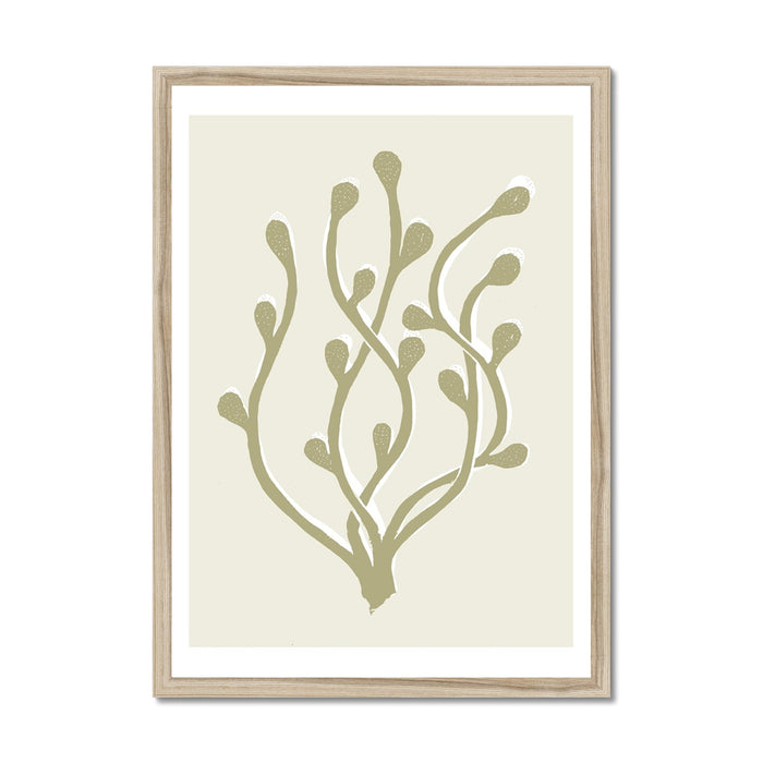 Abstract Neutral Seaweed Art Print No 2 | Coastal Graphic Wall Decor | Handcrafted Lino Cut Design - Framed