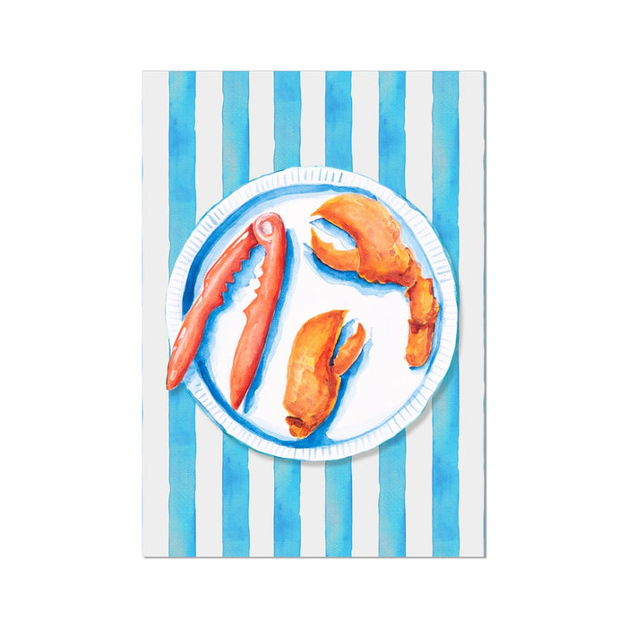 Lobster Painting on Blue Stripe | Kitchen Wall Art - Unframed