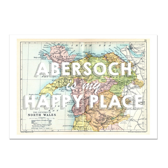 Abersoch is my Happy Place Quote on Vintage North Wales Map Print - Unframed