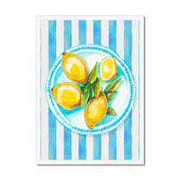 Lemon Painting on Blue Stripe | Kitchen Wall Art - Framed