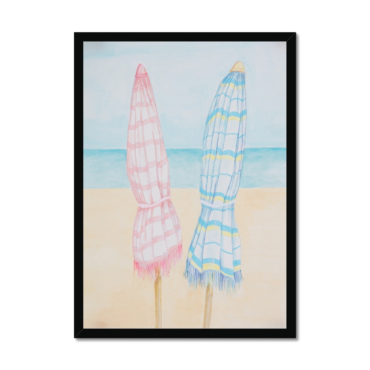 Beach Painting | Seascape Striped Umbrellas | Pastel - Framed