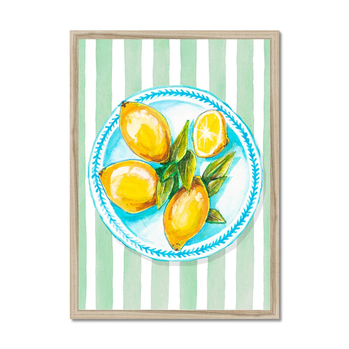 Lemon Painting on Green Stripe | Kitchen Wall Art - Framed