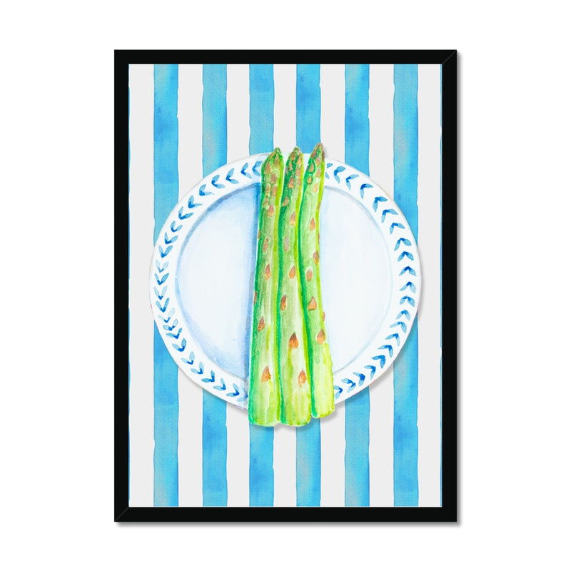 Asparagus Painting on Blue Stripe | Kitchen Wall Art - Framed