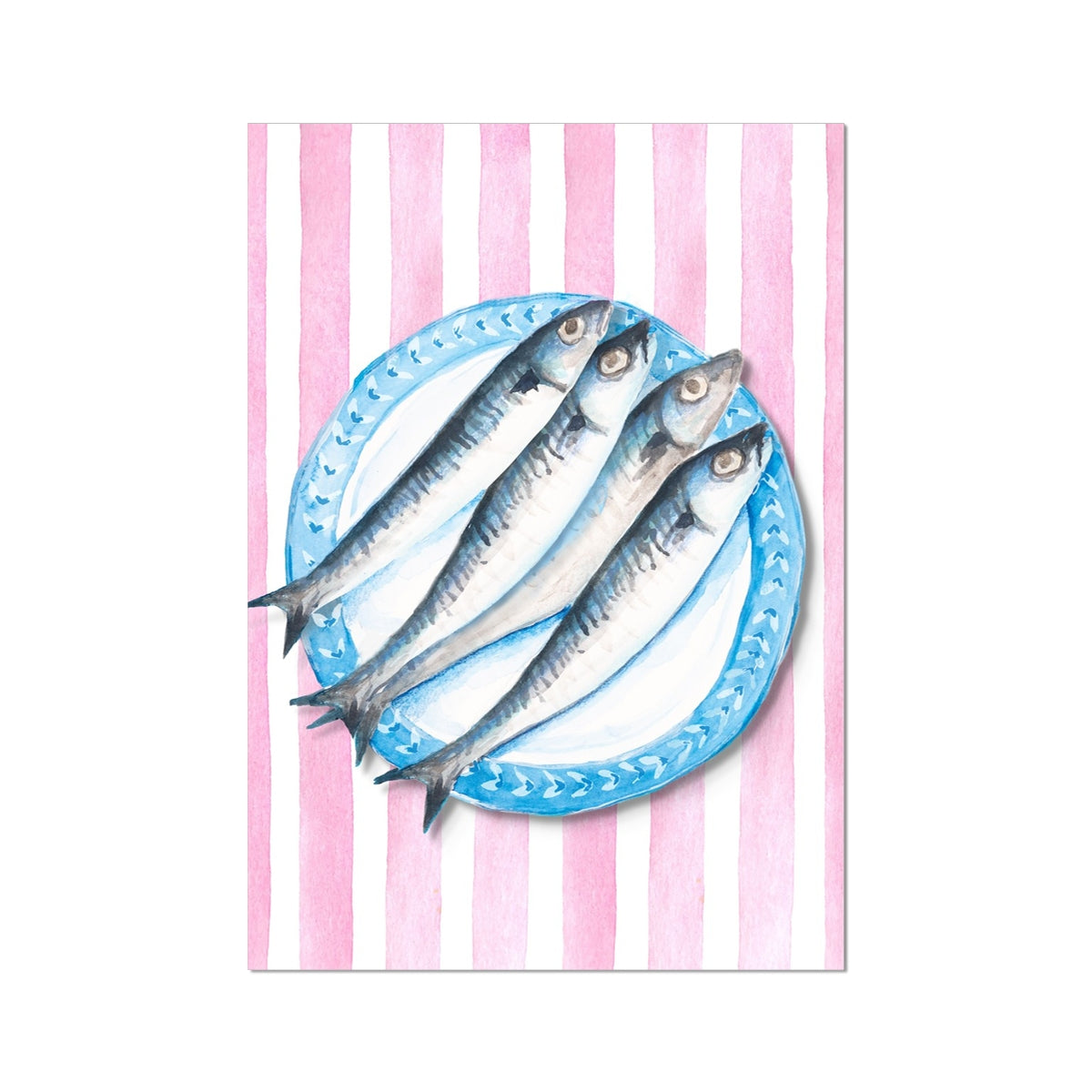 Sardine Painting on Red Pink Stripe | Kitchen Wall Art - Unframed