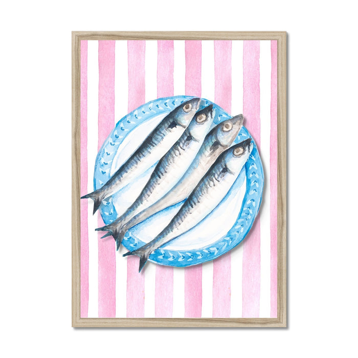 Sardine Painting on Red Pink Stripe | Kitchen Wall Art - Framed