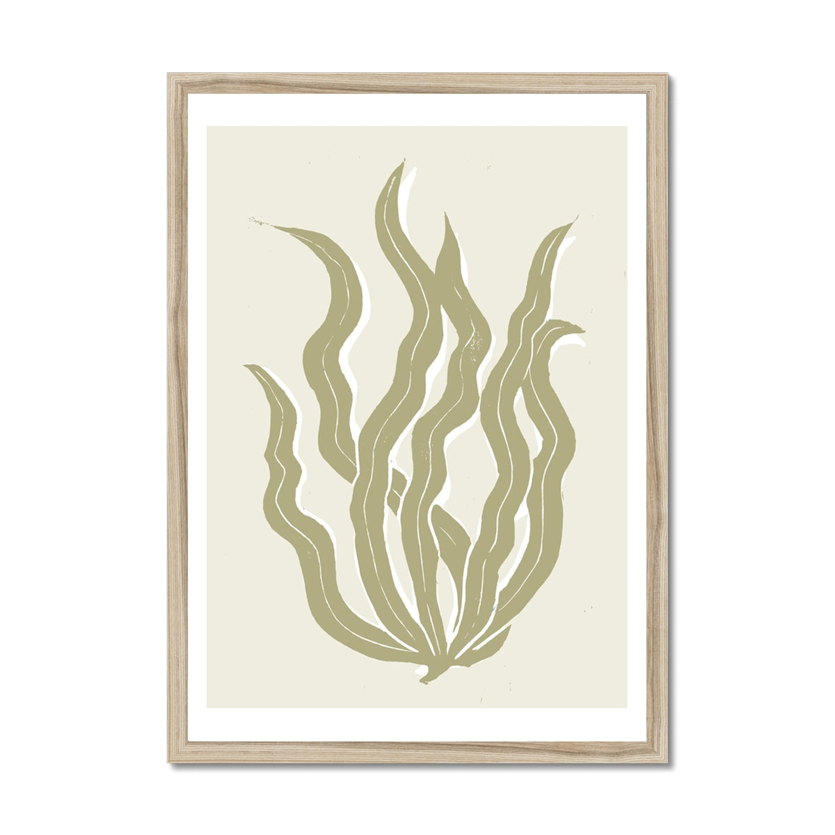 Abstract Neutral Seaweed Art Print No 3 | Coastal Graphic Wall Decor | Handcrafted Lino Cut Design - Framed