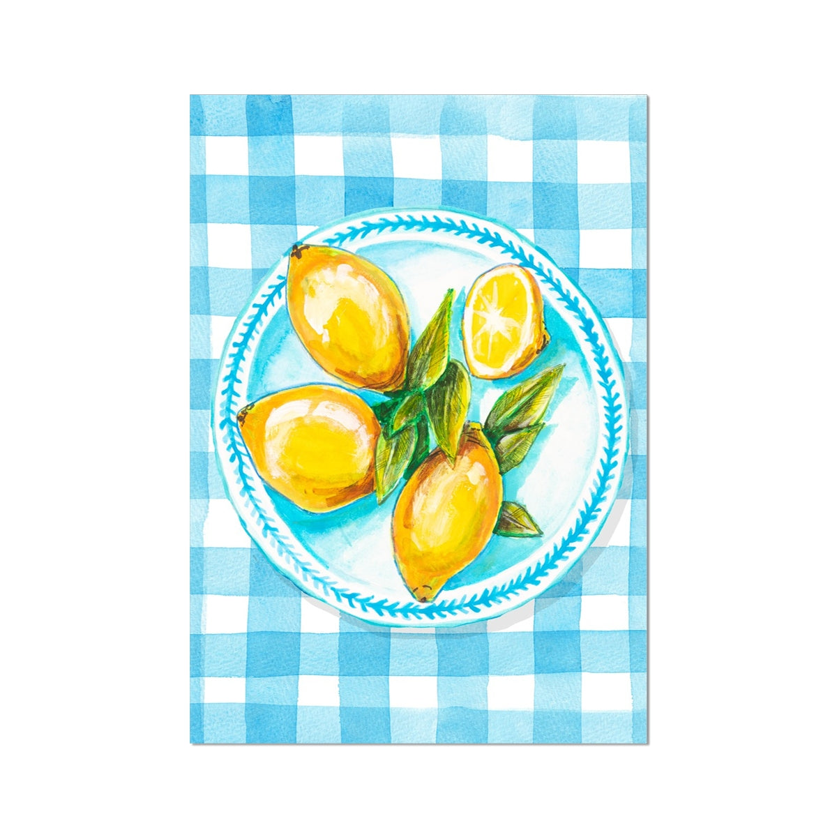 Lemon Painting on Blue Gingham | Kitchen Wall Art - Unframed