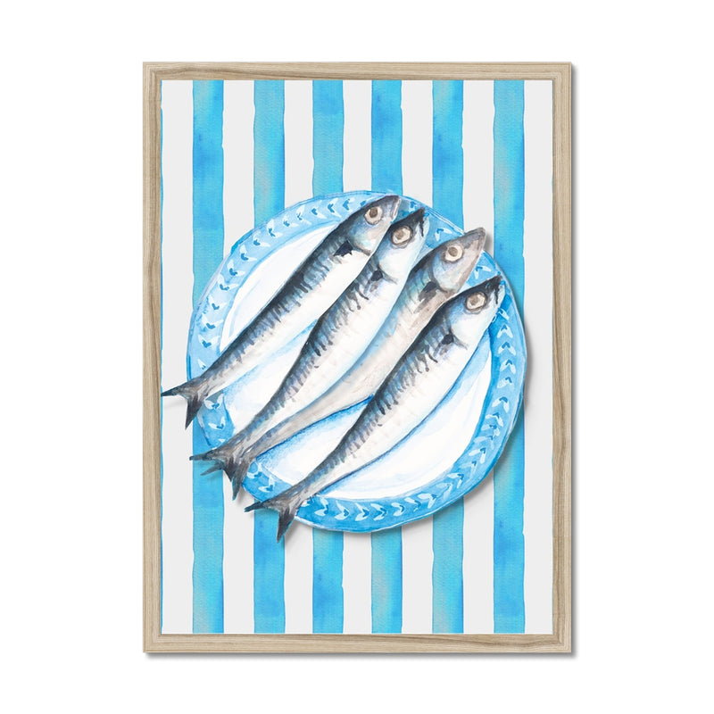 Sardine Painting on Blue Stripe | Kitchen Wall Art - Framed