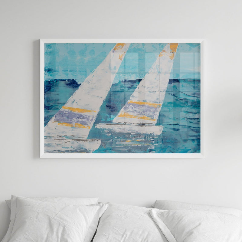 Two White Sails Print | Sailing Painting | Nautical Sailing Regatta Painting  - Unframed