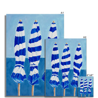 Blue and White Striped Beach Umbrellas Painting  - Unframed