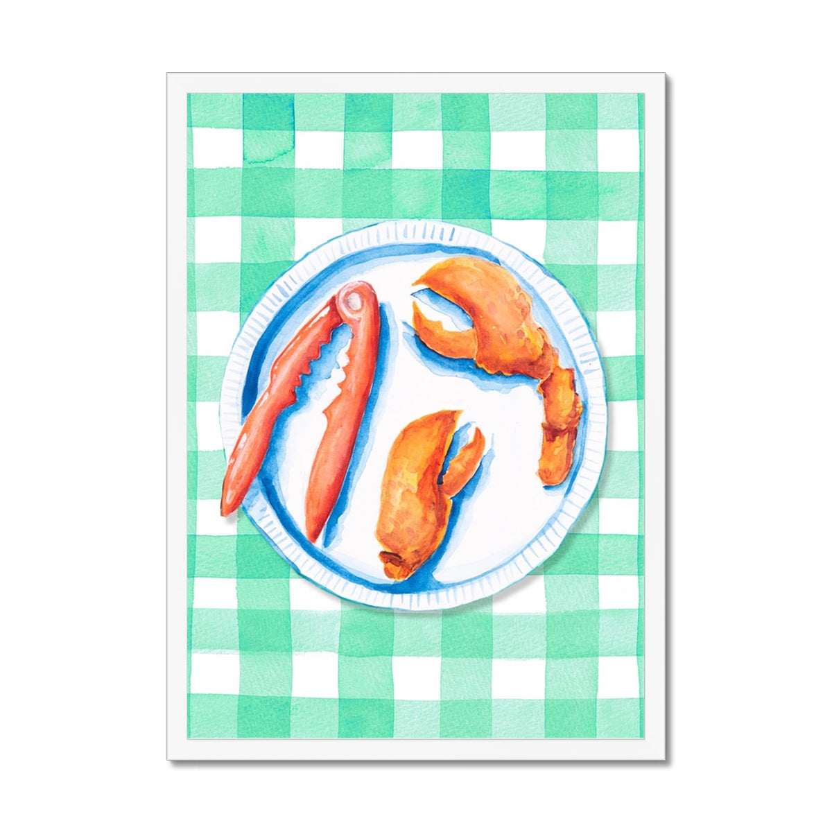 Lobster Painting on Green Gingham | Kitchen Wall Art - Framed