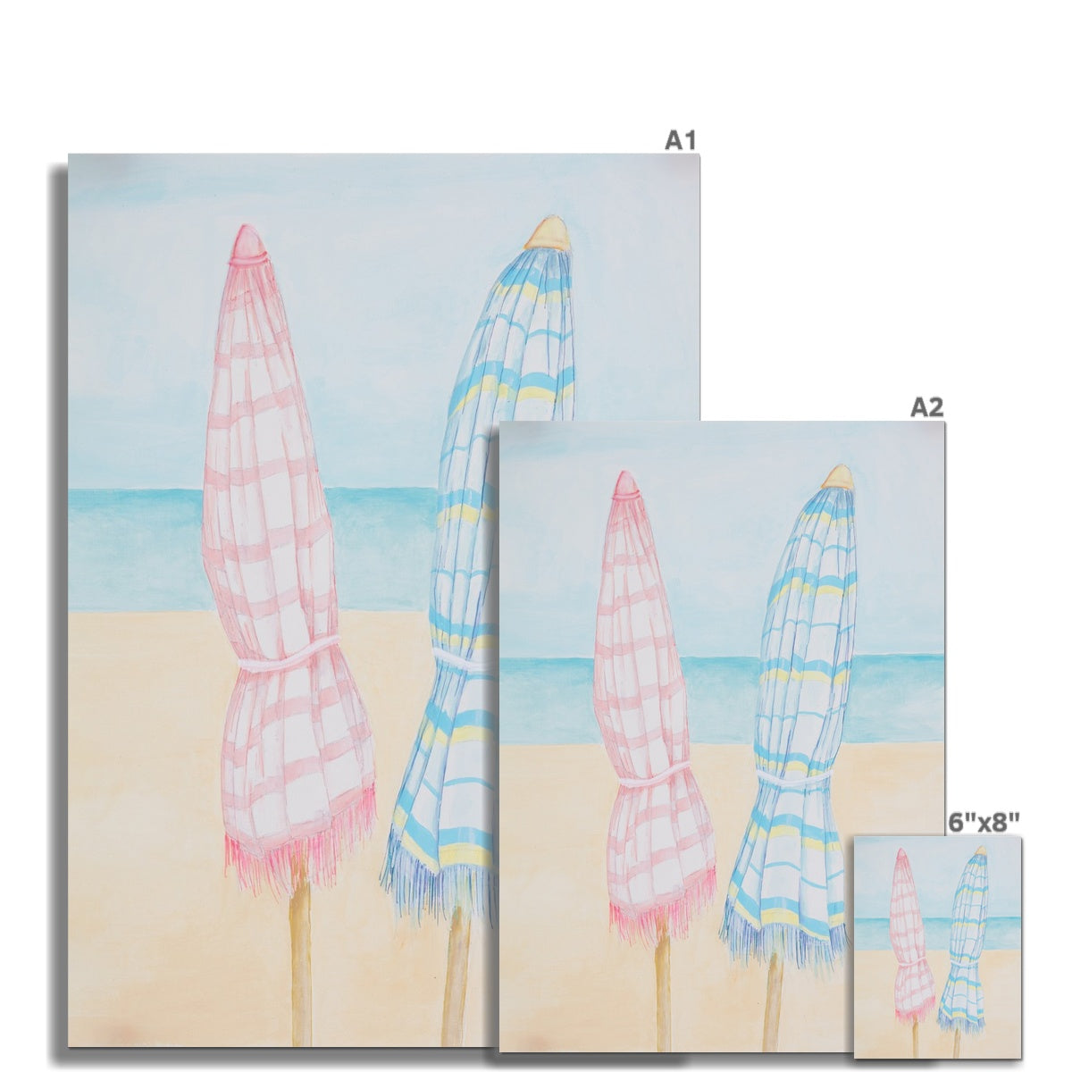 Beach Painting | Seascape Striped Umbrellas | Pastel - Unframed