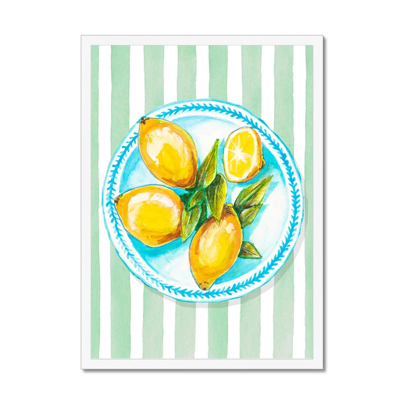 Lemon Painting on Green Stripe | Kitchen Wall Art - Framed