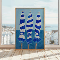 Blue and White Striped Beach Umbrellas Painting  - Unframed