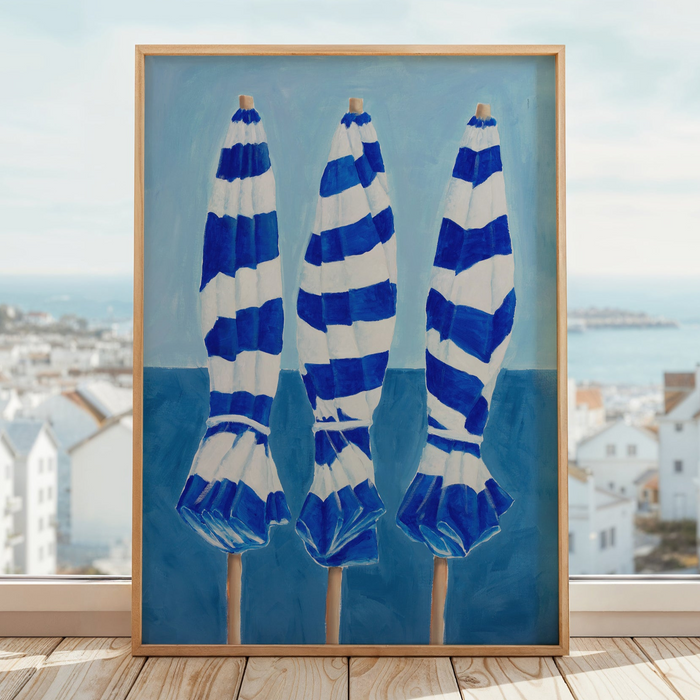 Blue and White Striped Beach Umbrellas Painting  - Unframed