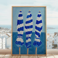 Blue and White Striped Beach Umbrellas Painting  - Framed