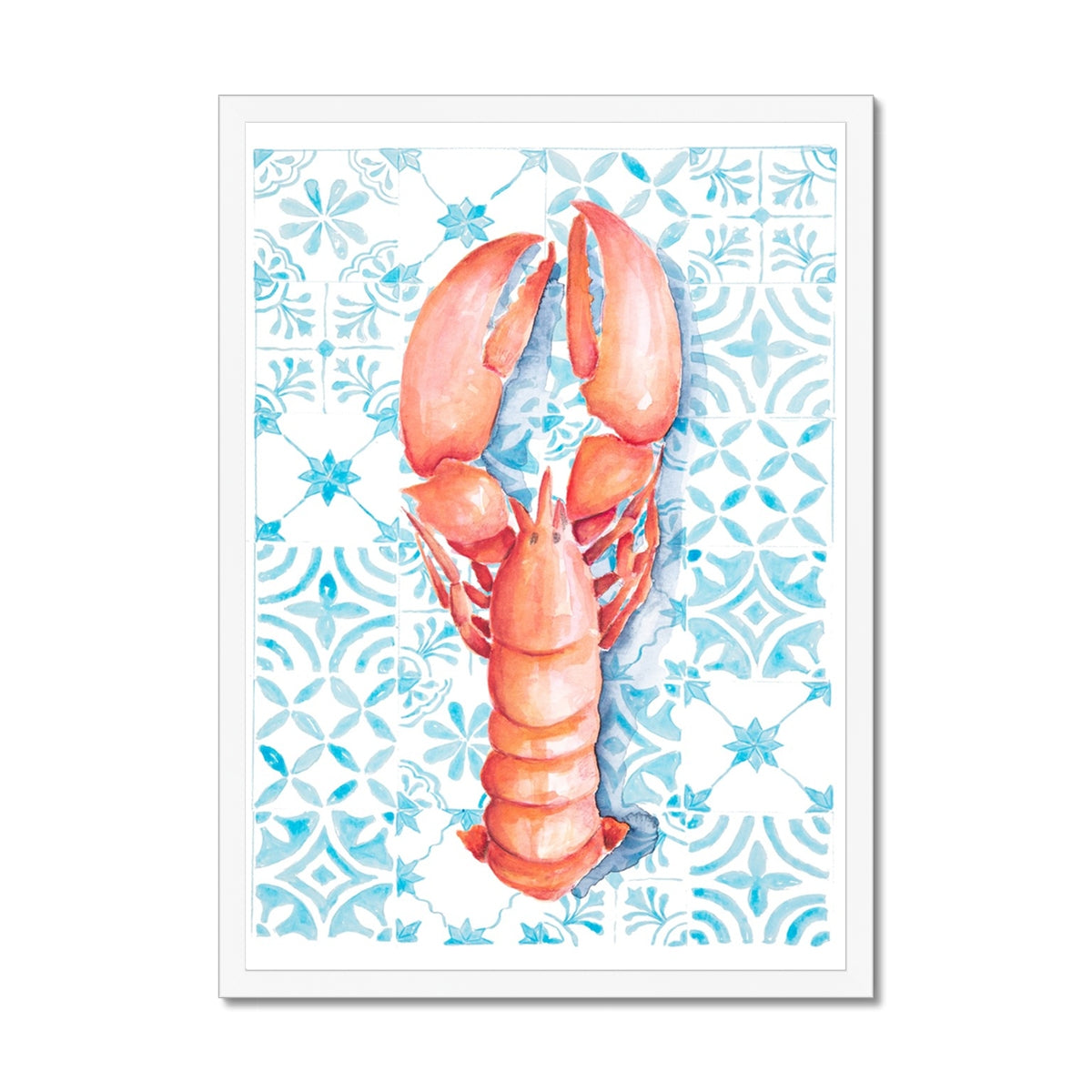 Lobster Print on Blue Mediterranean Tiles - Framed