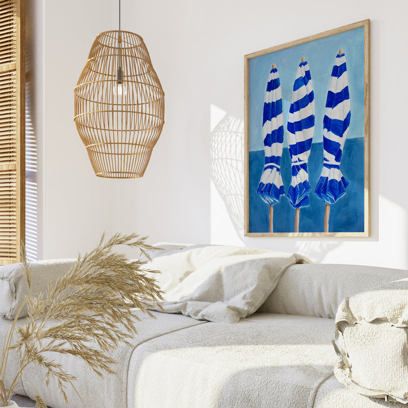 Blue and White Striped Beach Umbrellas Painting  - Unframed