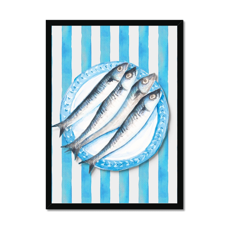 Sardine Painting on Blue Stripe | Kitchen Wall Art - Framed