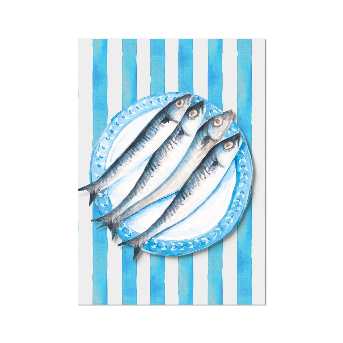 Sardine Painting on Blue Stripe | Kitchen Wall Art - Unframed