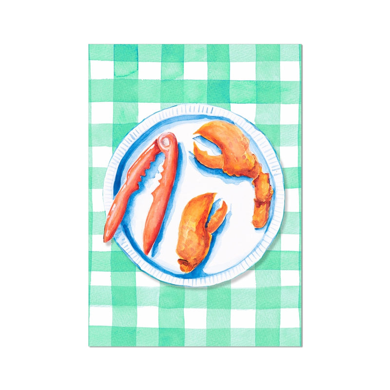 Lobster Painting on Green Gingham | Kitchen Wall Art - Unframed