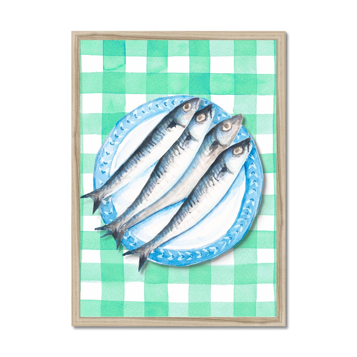 Sardine Painting on Green Gingham | Kitchen Wall Art - Framed