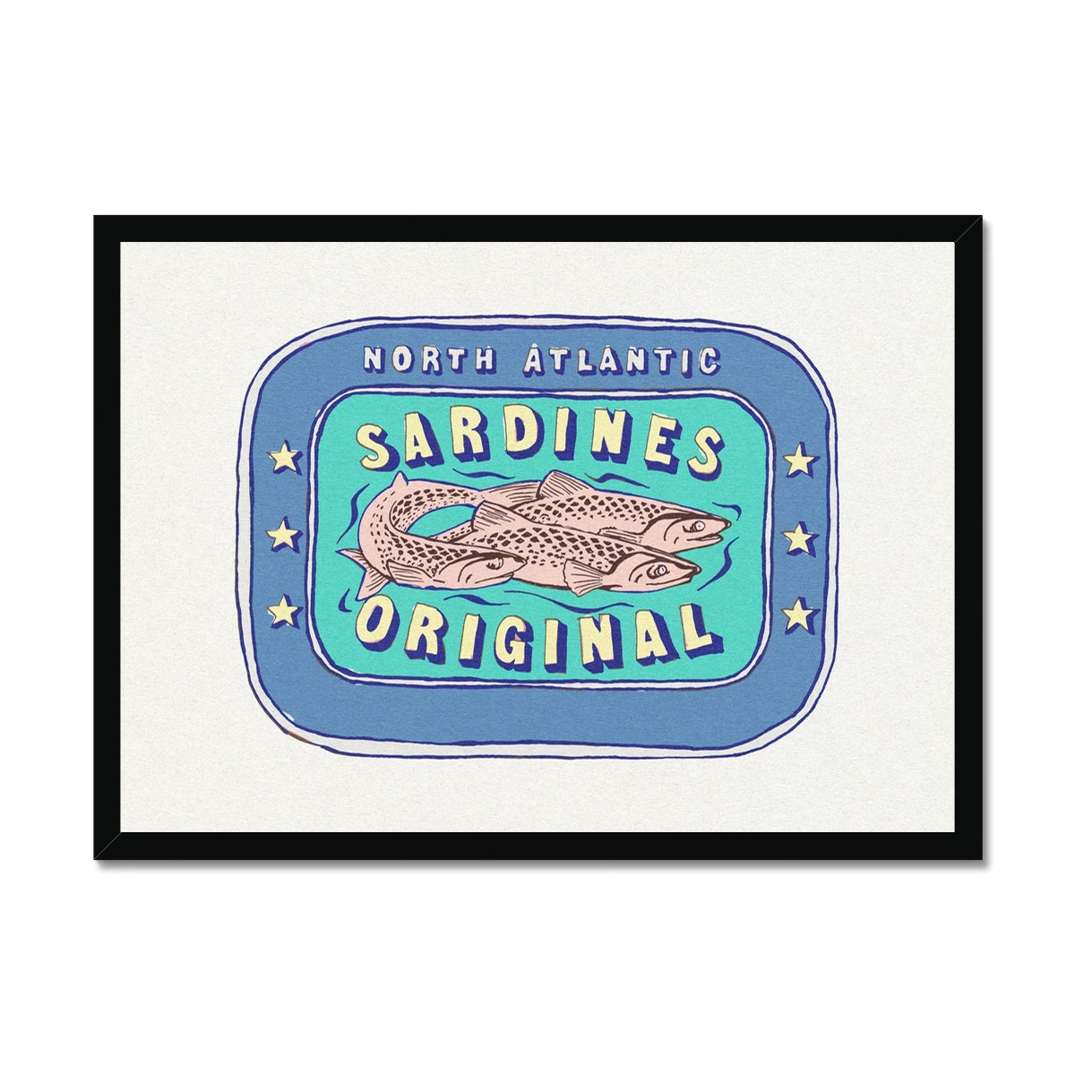 Sardine Painting | Blue & Aqua Tin of Sardine Print |Colourful  Kitchen Art - Framed