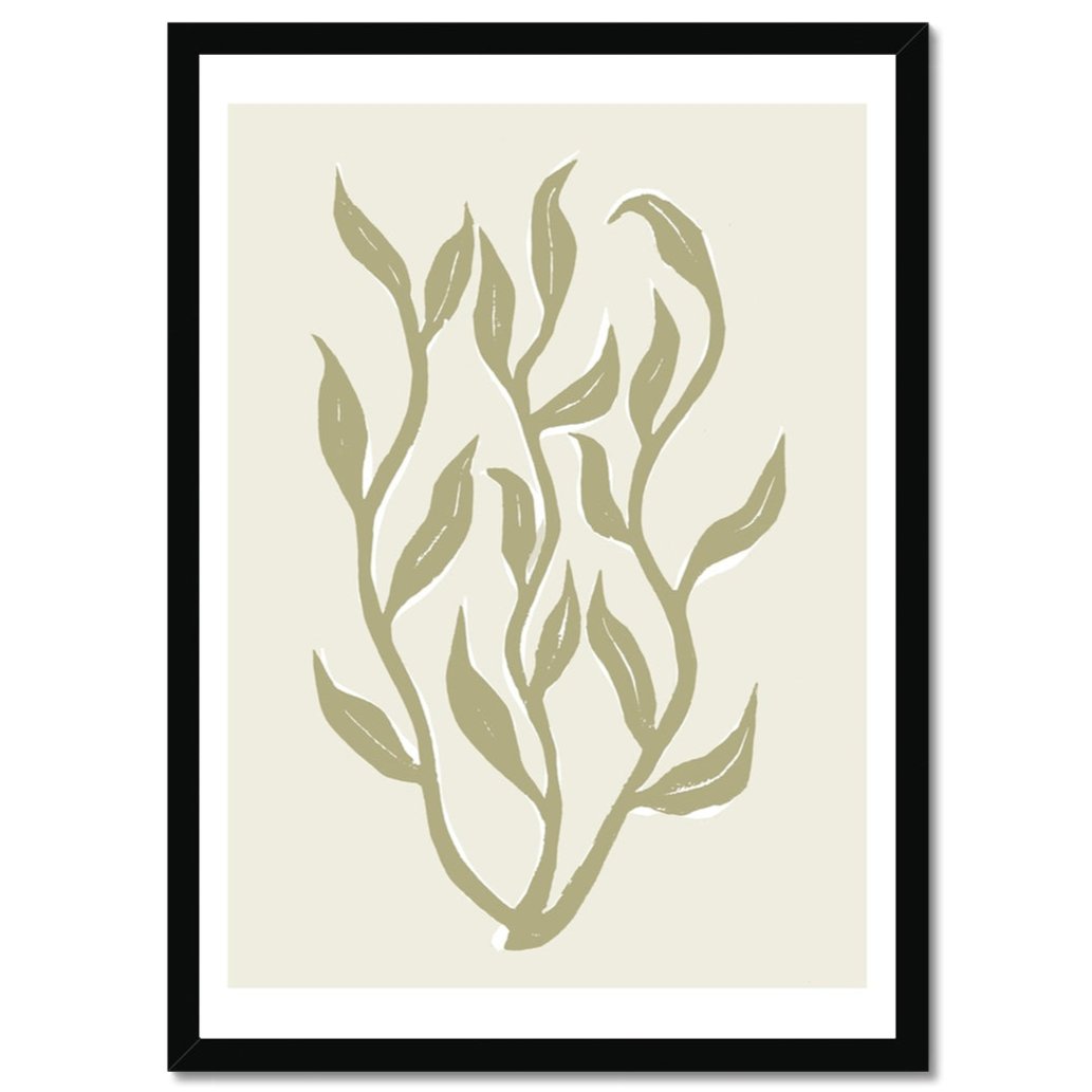 Abstract Neutral Seaweed Art Print No 1 | Coastal Graphic Wall Decor | Handcrafted Lino Cut Design - Framed