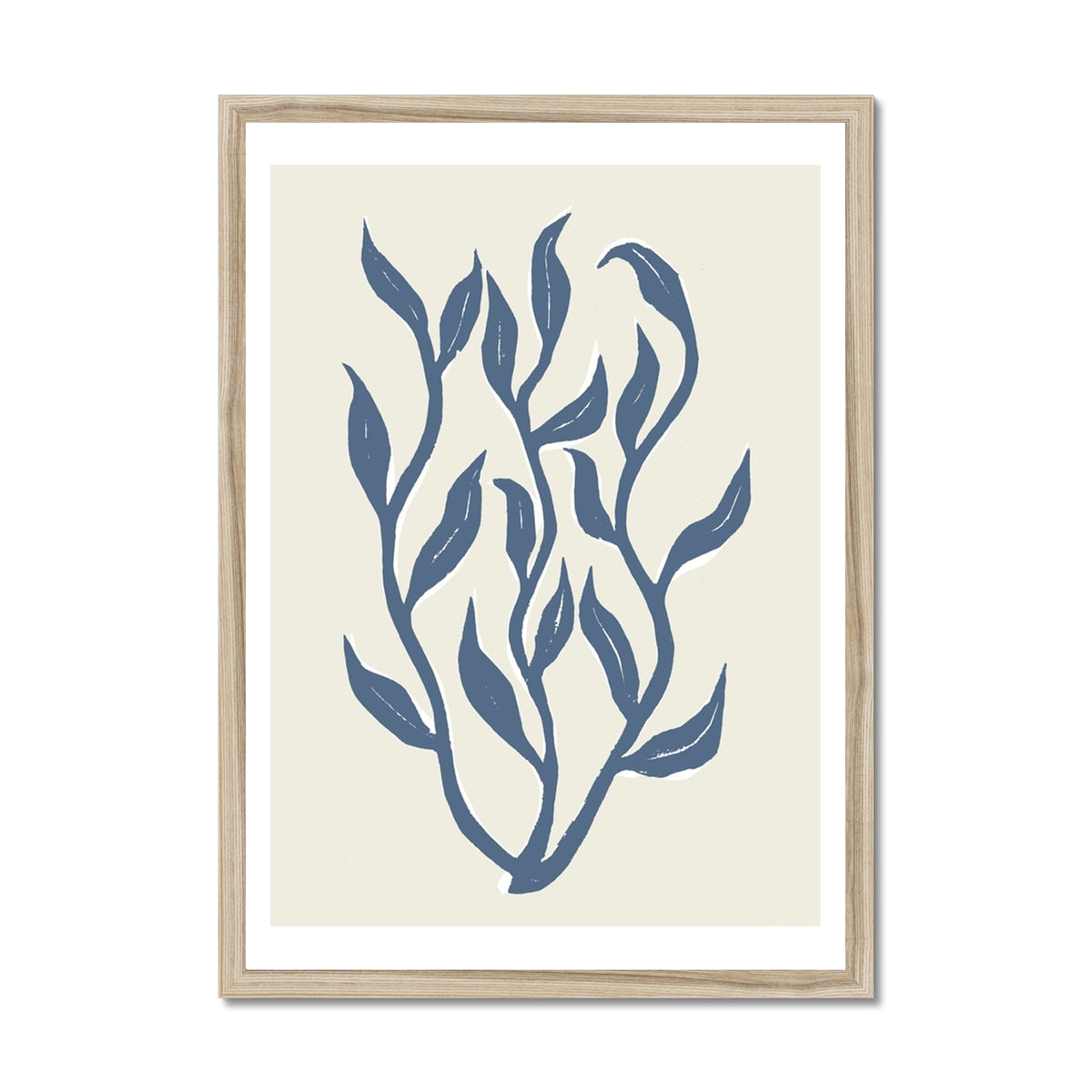 Abstract Indigo Seaweed Art Print No 1 | Coastal Graphic Wall Decor | Handcrafted Lino Cut Design - Framed