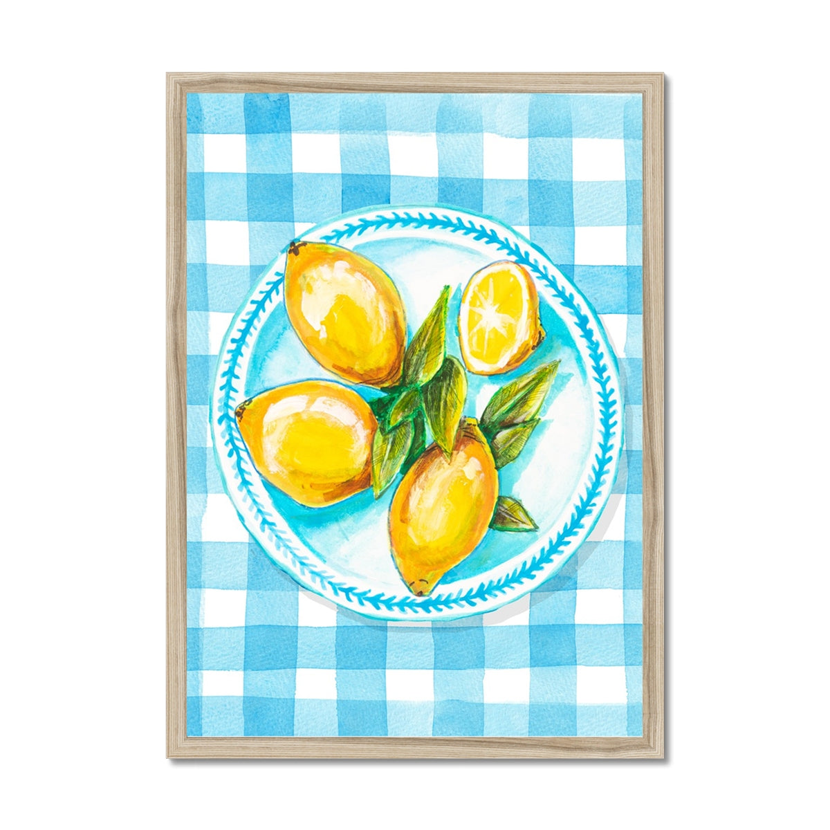 Lemon Painting on Blue Gingham | Kitchen Wall Art - Framed