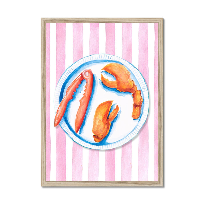 Lobster Painting on Red Pink Stripe | Kitchen Wall Art - Framed