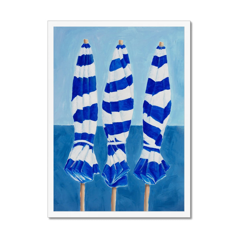 Blue and White Striped Beach Umbrellas Painting  - Framed