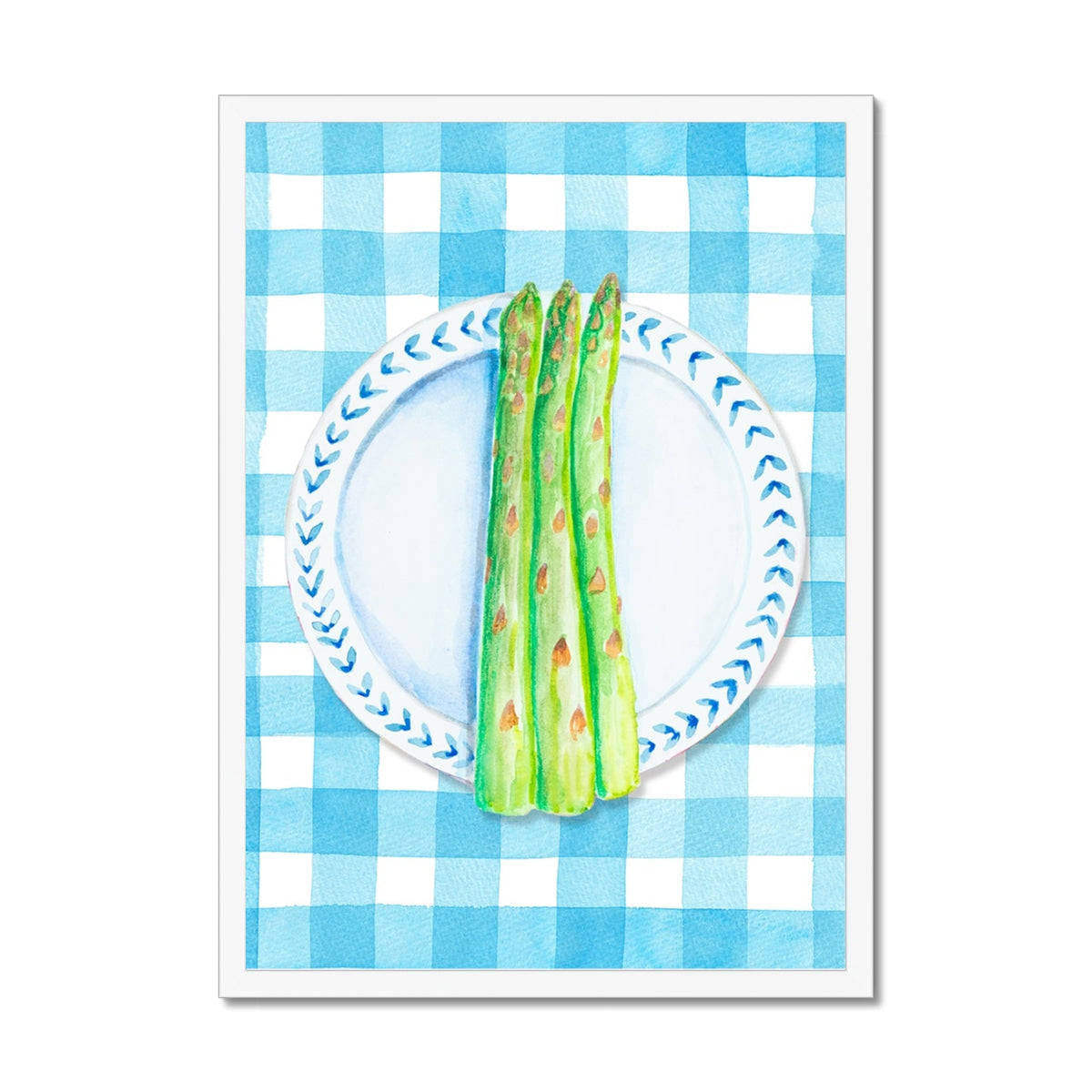 Asparagus Painting on Blue Gingham | Kitchen Wall Art - Framed