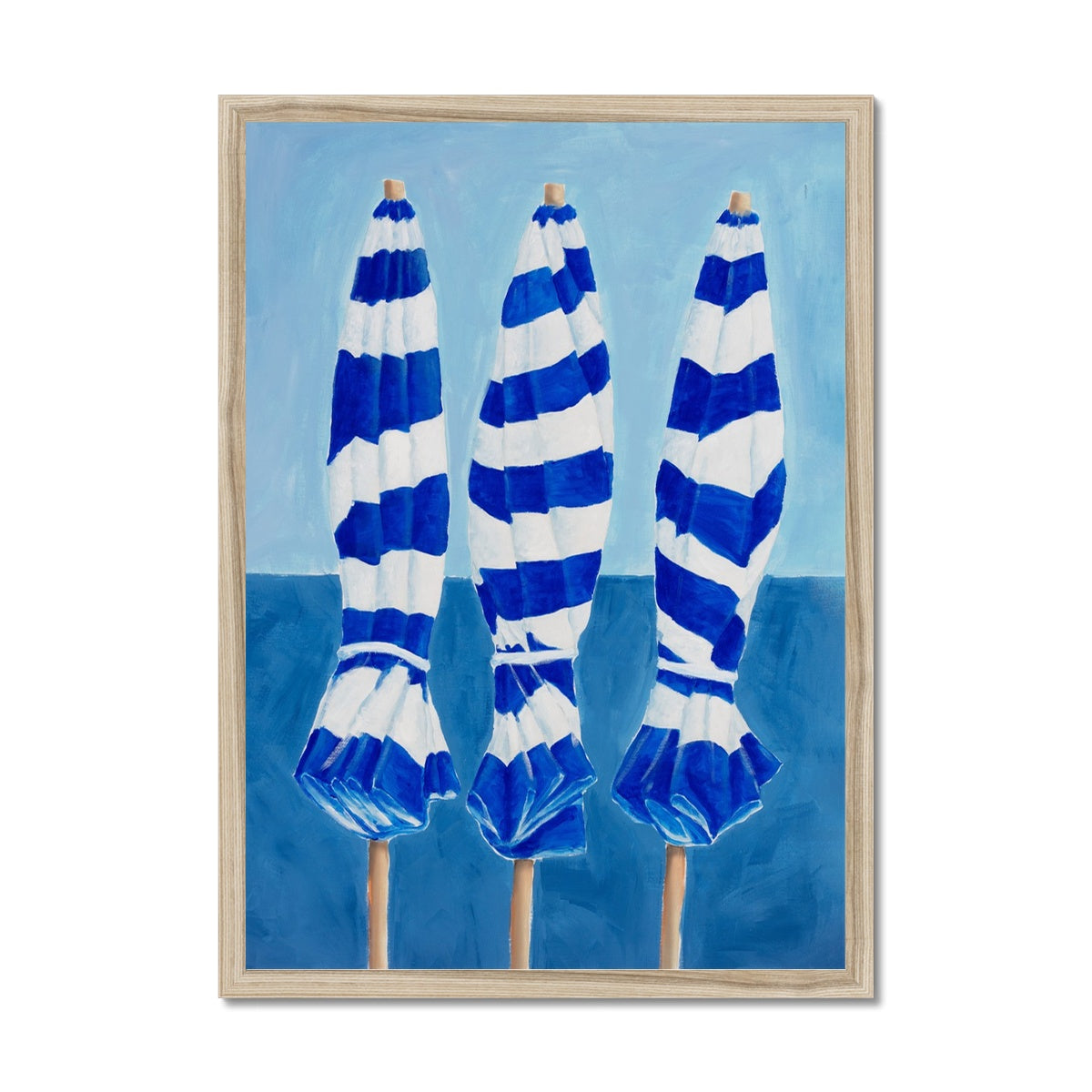 Blue and White Striped Beach Umbrellas Painting  - Framed