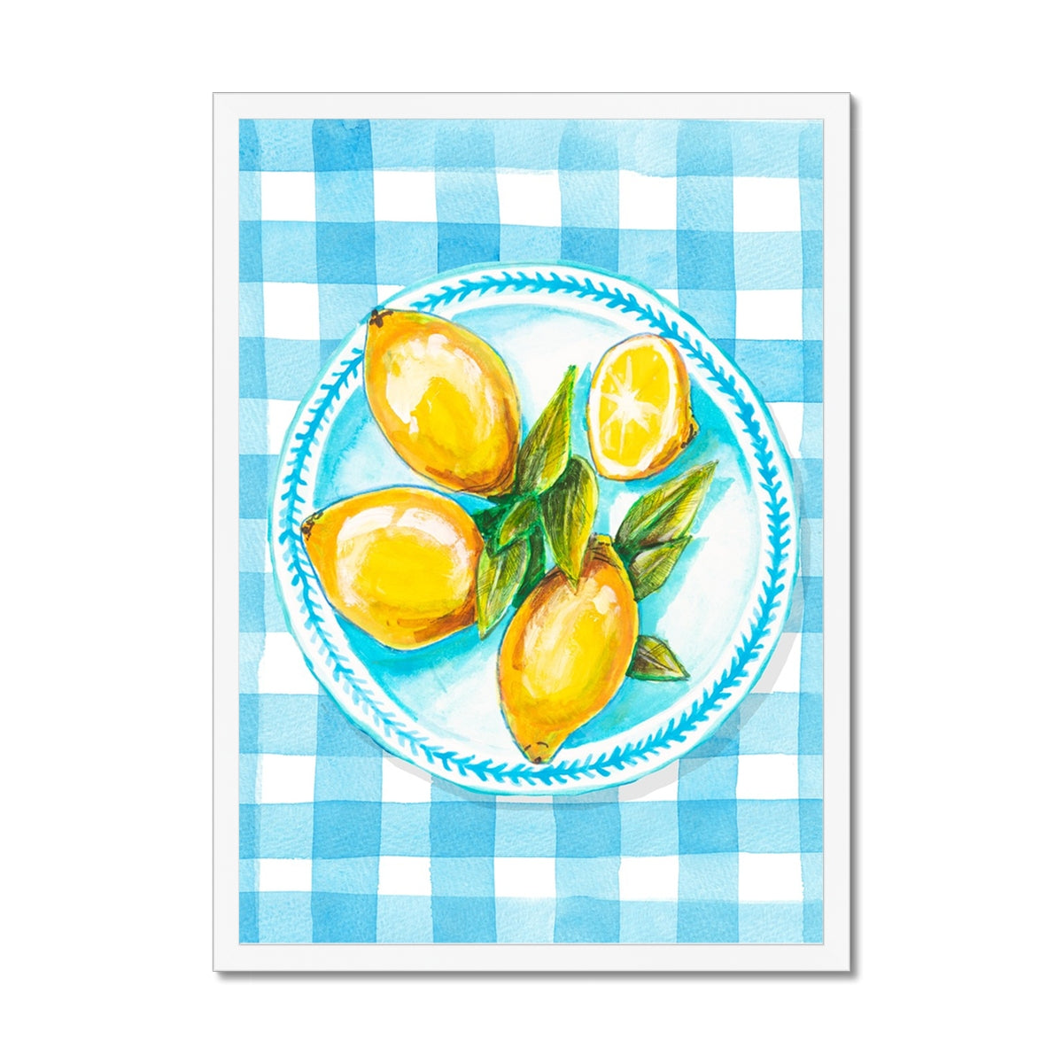 Lemon Painting on Blue Gingham | Kitchen Wall Art - Framed