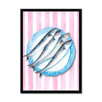 Sardine Painting on Red Pink Stripe | Kitchen Wall Art - Framed