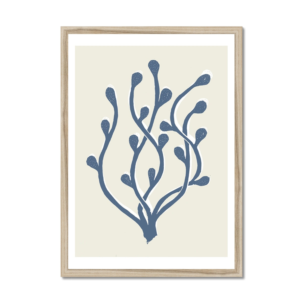 Abstract Indigo Seaweed Art Print No 2 | Coastal Graphic Wall Decor | Handcrafted Lino Cut Design - Framed