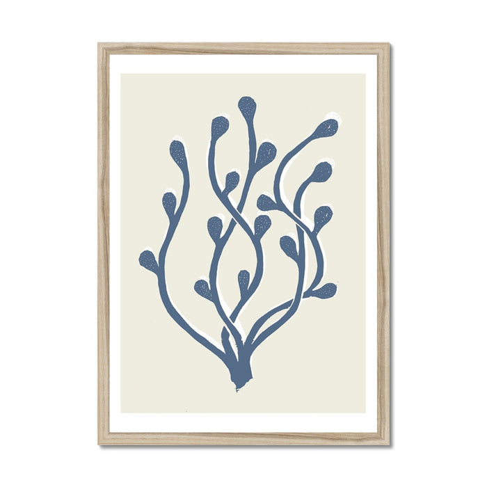 Abstract Indigo Seaweed Art Print No 2 | Coastal Graphic Wall Decor | Handcrafted Lino Cut Design - Framed