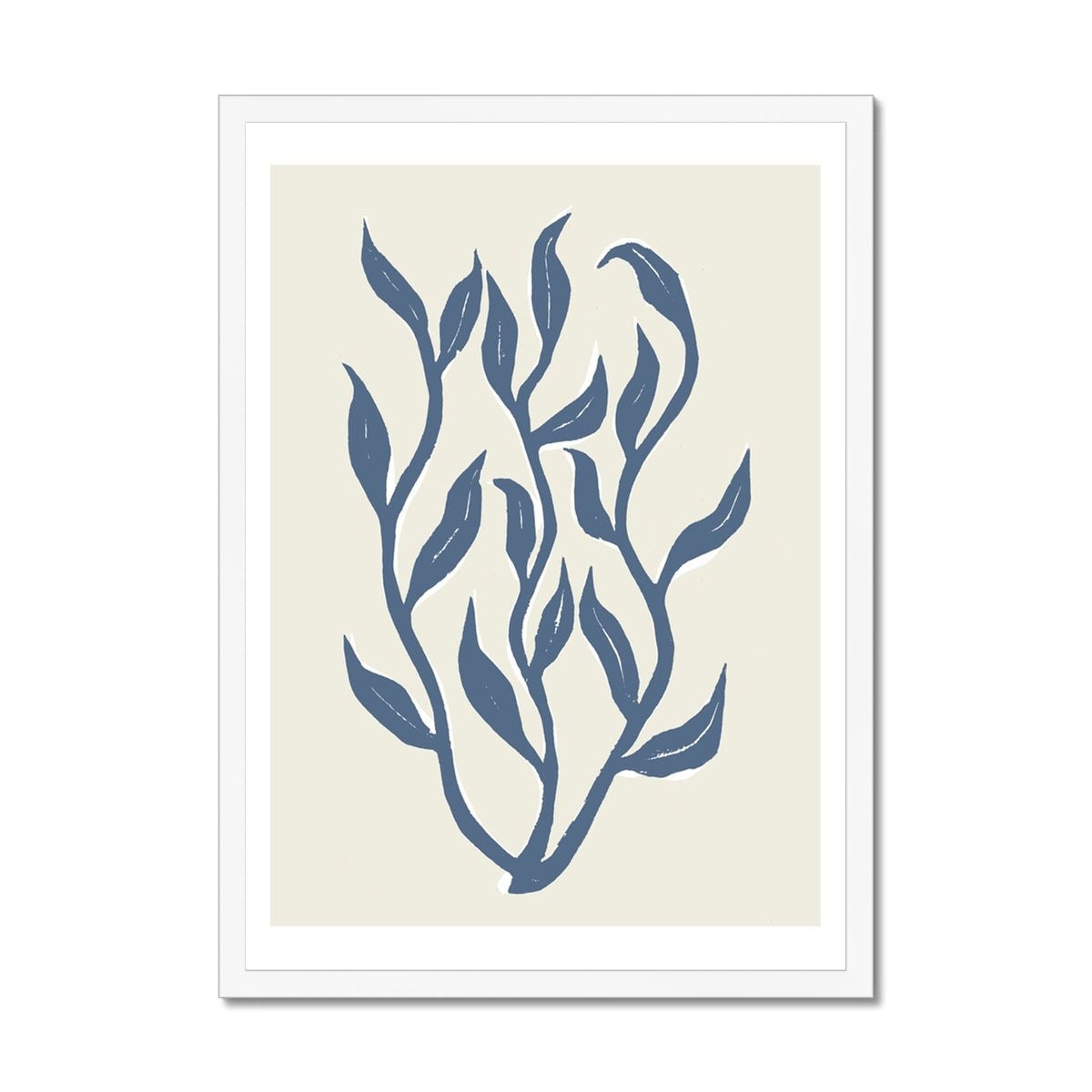 Abstract Indigo Seaweed Art Print No 1 | Coastal Graphic Wall Decor | Handcrafted Lino Cut Design - Framed