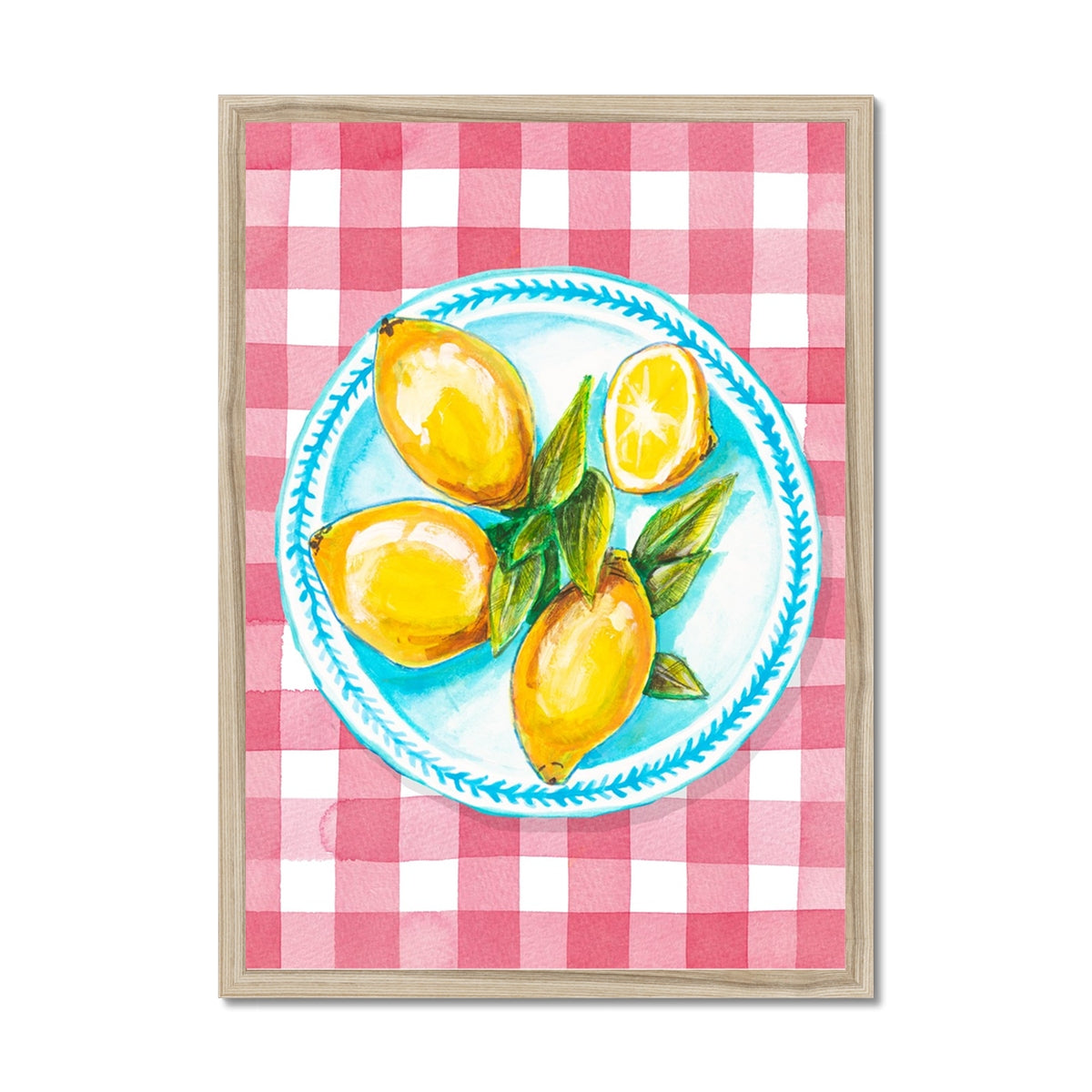 Lemon Painting on Red Gingham | Kitchen Wall Art - Framed