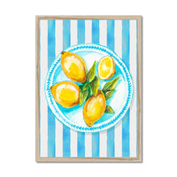 Lemon Painting on Blue Stripe | Kitchen Wall Art - Framed