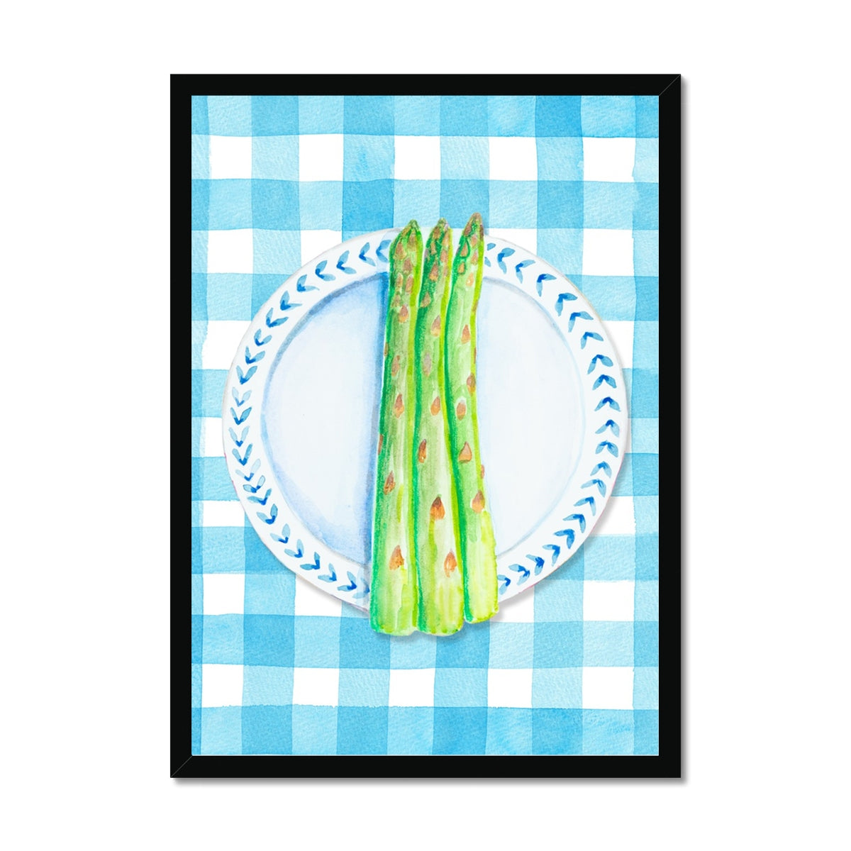 Asparagus Painting on Blue Gingham | Kitchen Wall Art - Framed