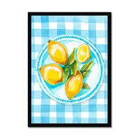 Lemon Painting on Blue Gingham | Kitchen Wall Art - Framed