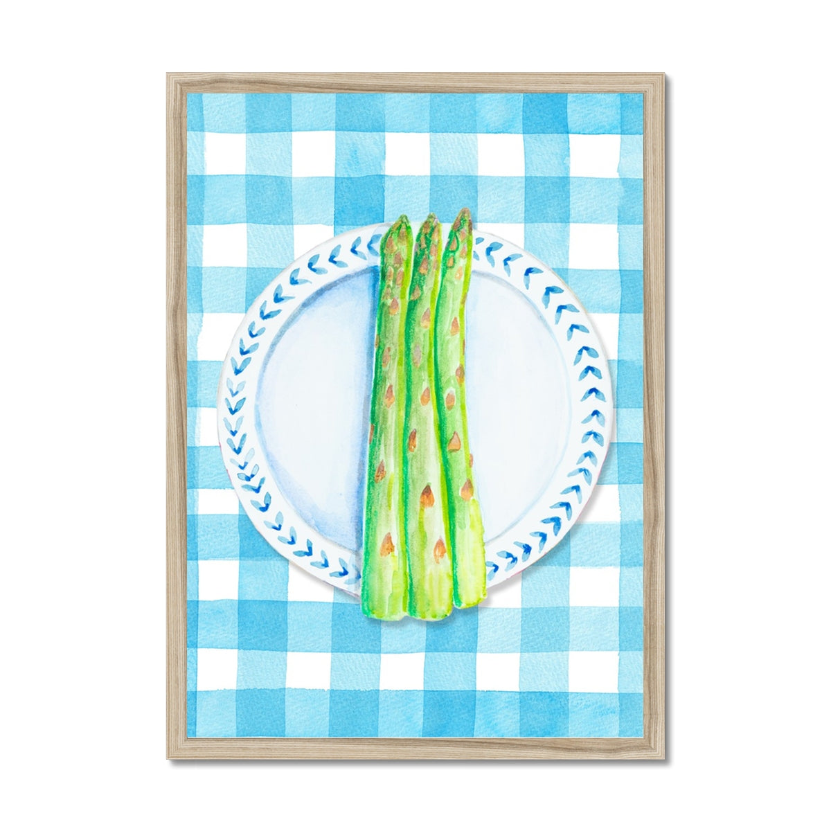 Asparagus Painting on Blue Gingham | Kitchen Wall Art - Framed