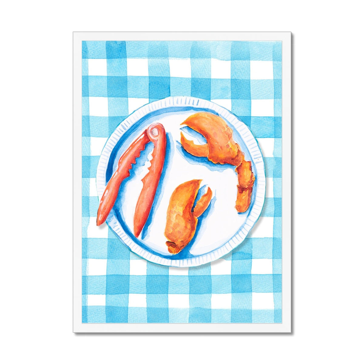 Lobster Painting on Blue Gingham | Kitchen Wall Art - Framed