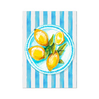 Lemon Painting on Blue Stripe | Kitchen Wall Art - Unframed