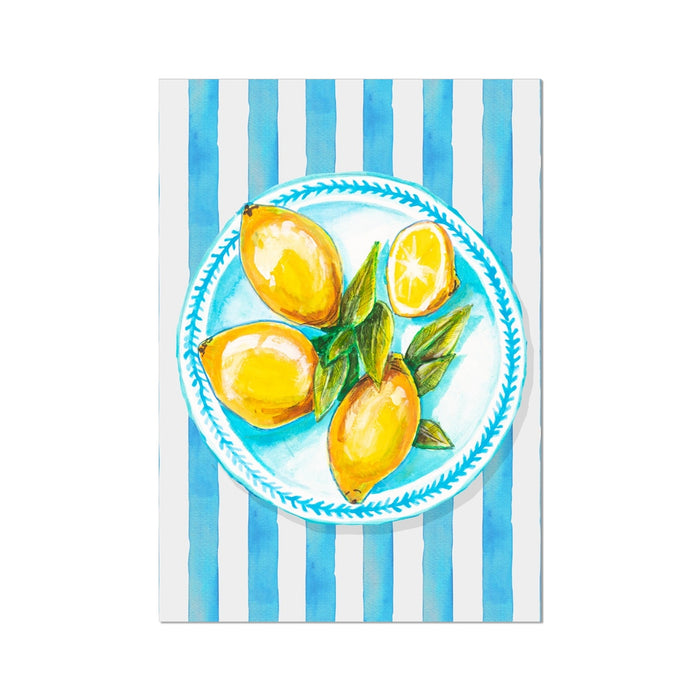 Lemon Painting on Blue Stripe | Kitchen Wall Art - Unframed